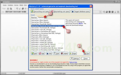 Úvodní nastavení - klikněte na Queries, vyberte Geocaches I found (all, listings and my logs) a potom Run